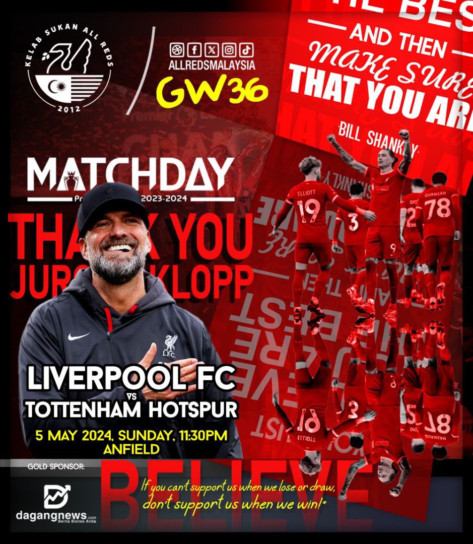 Premier League 2023/2024

Matchday…!!

⚽️ LIVERPOOL FC 🆚 TOTTENHAM HOTSPUR FC
🏟 Anfield
📅 05/05/2024
⏰ 11:30pm
📺 Astro HD 813

#WeAllReds #AllRedsMalaysia #LIVTOT