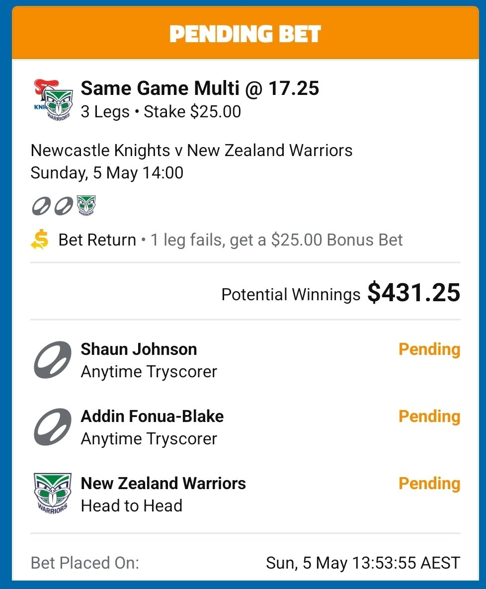 Late NRL Multi Gm.1

Fonua Blake Ats
Shaun Johnson Ats
Warriors H2H

$25 = $431

Like if you are Tailing 💙