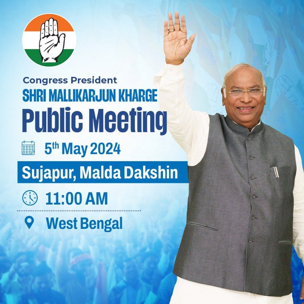 Congress President Shri @kharge is scheduled to attend a public meeting in Sujapur, Malda Dakshin today. Stay tuned to our social media handles for live updates. 📺 x.com/incindia 📺 facebook.com/IndianNational… 📺 youtube.com/user/indiacong…