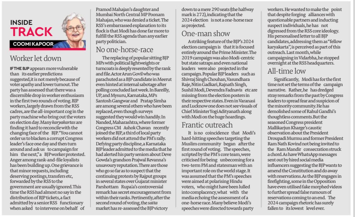 This diarist is not known to be critical of the BJP. For her to say what she says here about the ongoing elections is noteworthy. For eg, 'the 2024 election is not a one-horse race as projected' or 'Modi has for the first time not set the terms of the campaign narrative.'