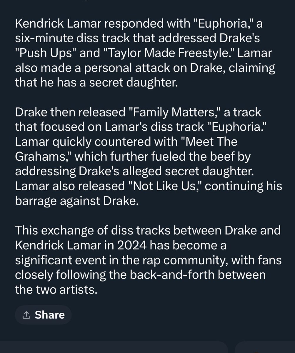 Grok’s summary of Drake vs. Kendrick beef is up-to-date with Kendrick’s “Not Like Us” from a few hours ago. Must be training on the absolute firehose of memes.
