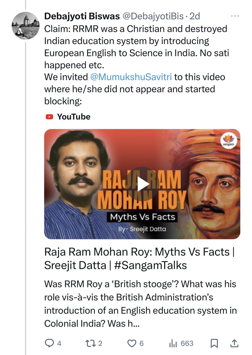 Hey @sangamtalks this person is lying all over Twitter telling folks that I was invited to debate on Raja Ram Mohan Roy by your platform. I have never received any such Invite. Please clarify that there was never any such invitation. It’s not fair to spread such lies.