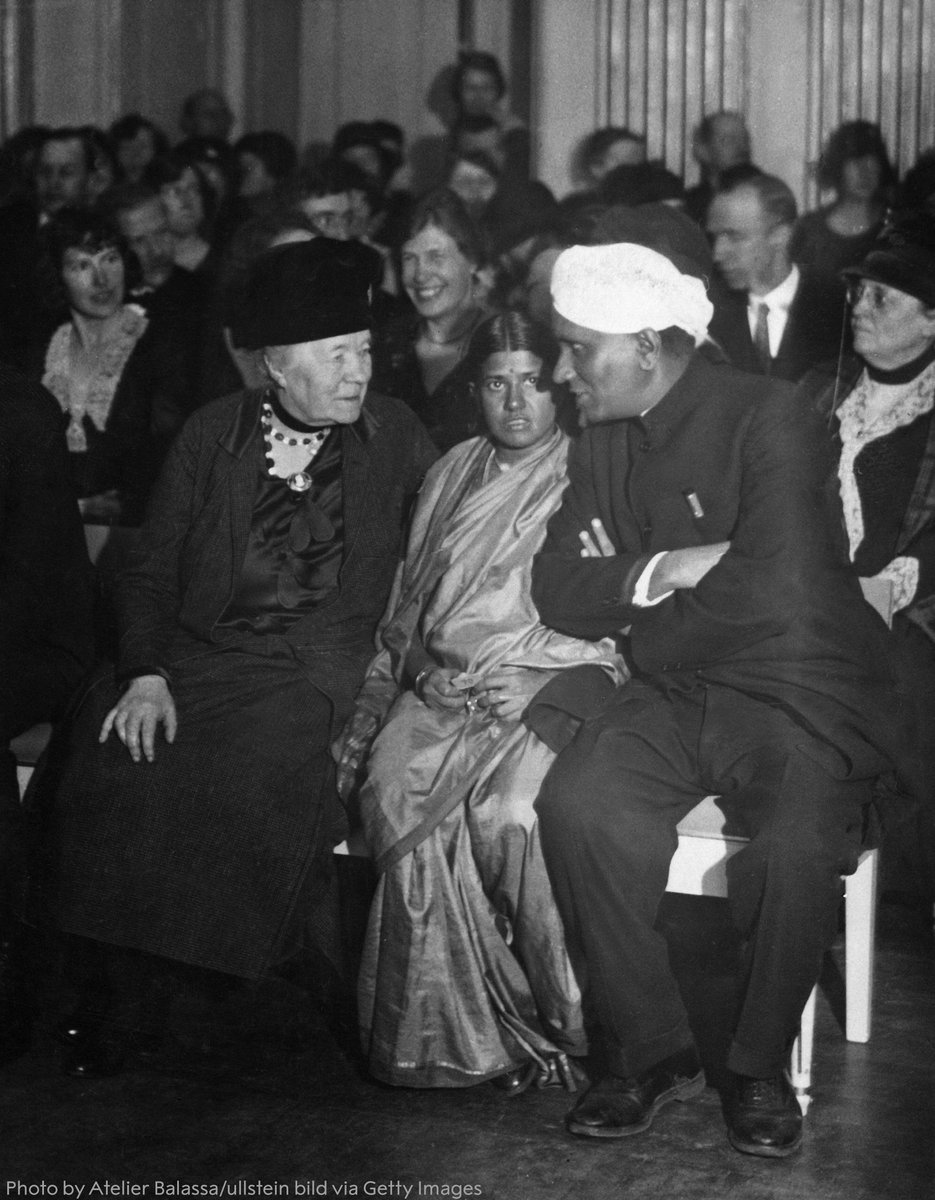 1909 literature laureate Selma Lagerlöf (left) in conversation with 1930 physics laureate Chandrasekhara Venkata Raman (right) and his wife Lokasundari Ammal (middle). This picture was taken in connection with the Nobel Prize festivities in December 1930.