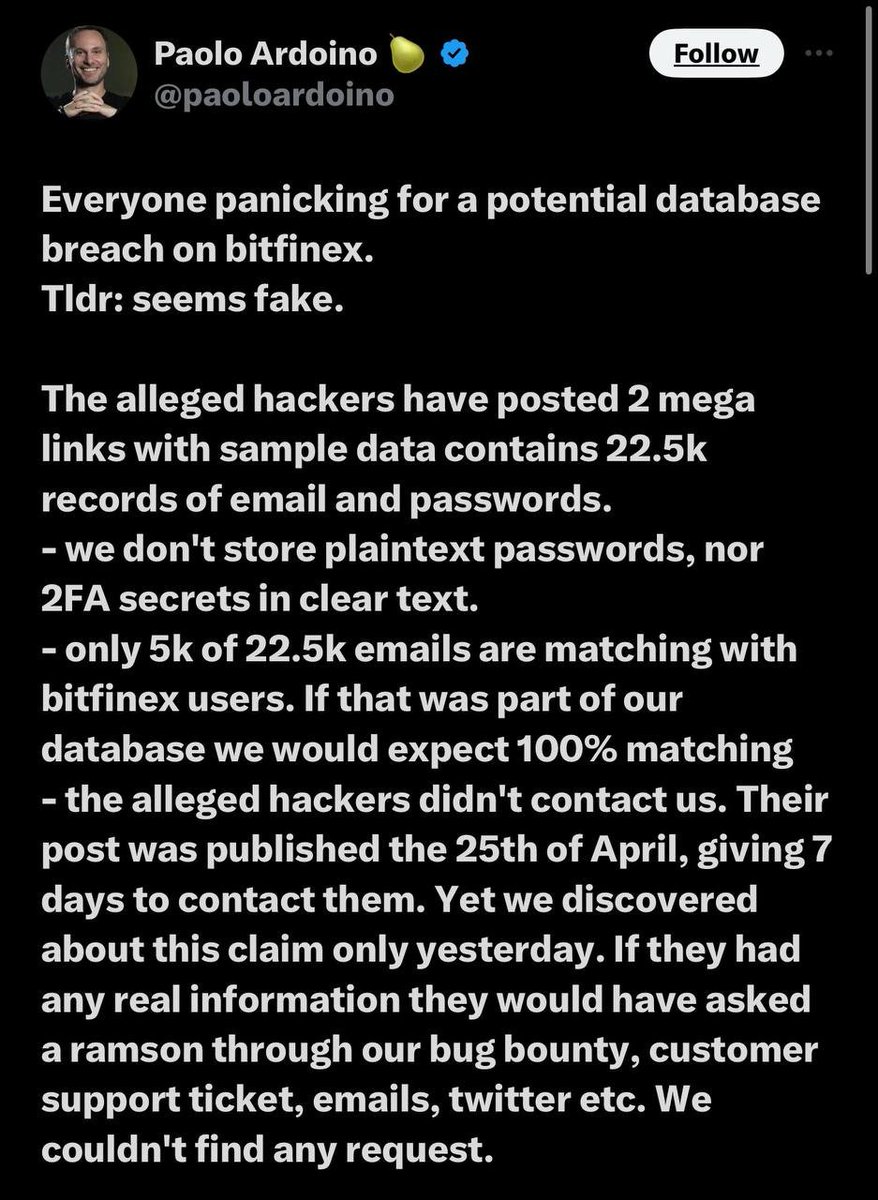 Allegations of a Bitfinex hack surfaced, with user emails leaked. CEO Paolo Ardoino refuted claims, citing data discrepancies. Bitfinex doesn't store plaintext passwords. Suspects recycled data from past breaches. No system intrusion detected; funds secure. Monitoring closely. 🕵️‍♂️