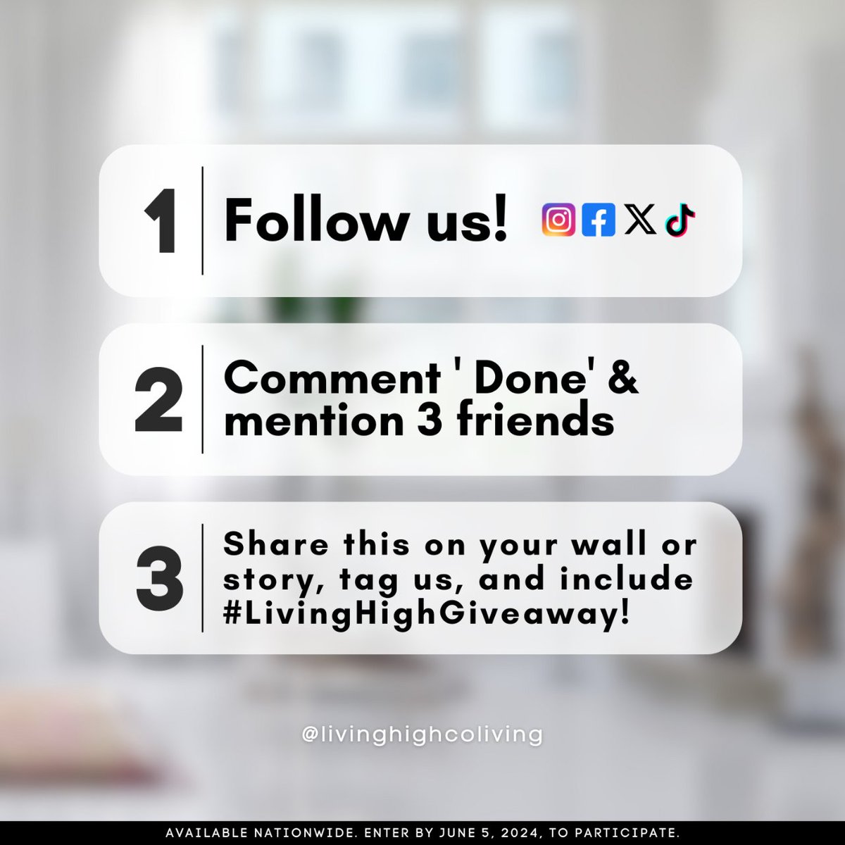 Join our giveaway contest at Living High and get a chance to earn $50!

#LivingHighGiveaway #WinWithUs #EarnWithLivingHigh #LivingHighContest2024 #50DollarGiveaway #HighLifeEntry #LivingHighNationwide
