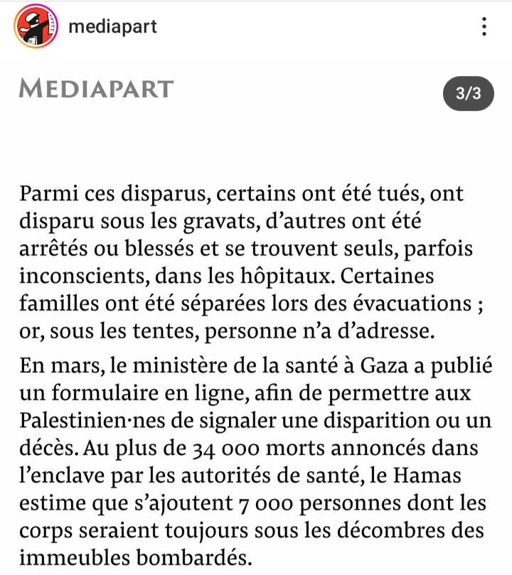 Le bilan du génocide sera effroyable. 
Plus de 7 000 Palestiniens portés disparus. À ce chiffre s'ajoute toutes les familles qui ne se sont pas manifestées depuis le début du massacre.
#GazaGenocide‌