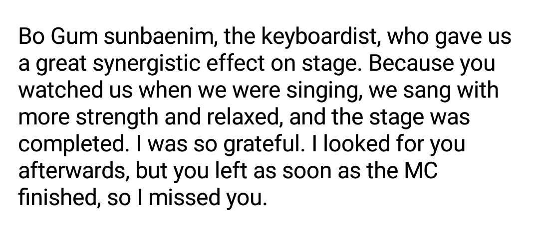 #ZEROBASEONE's Kim Tae Rae on #ParkBoGum: 

'Bo Gum sunbaenim, the keyboardist, who gave us a great synergistic effect on stage. Because you watched us when we were singing, we sang with more strength and relaxed, and the stage was completed.'

#MusicBankinAntwerp