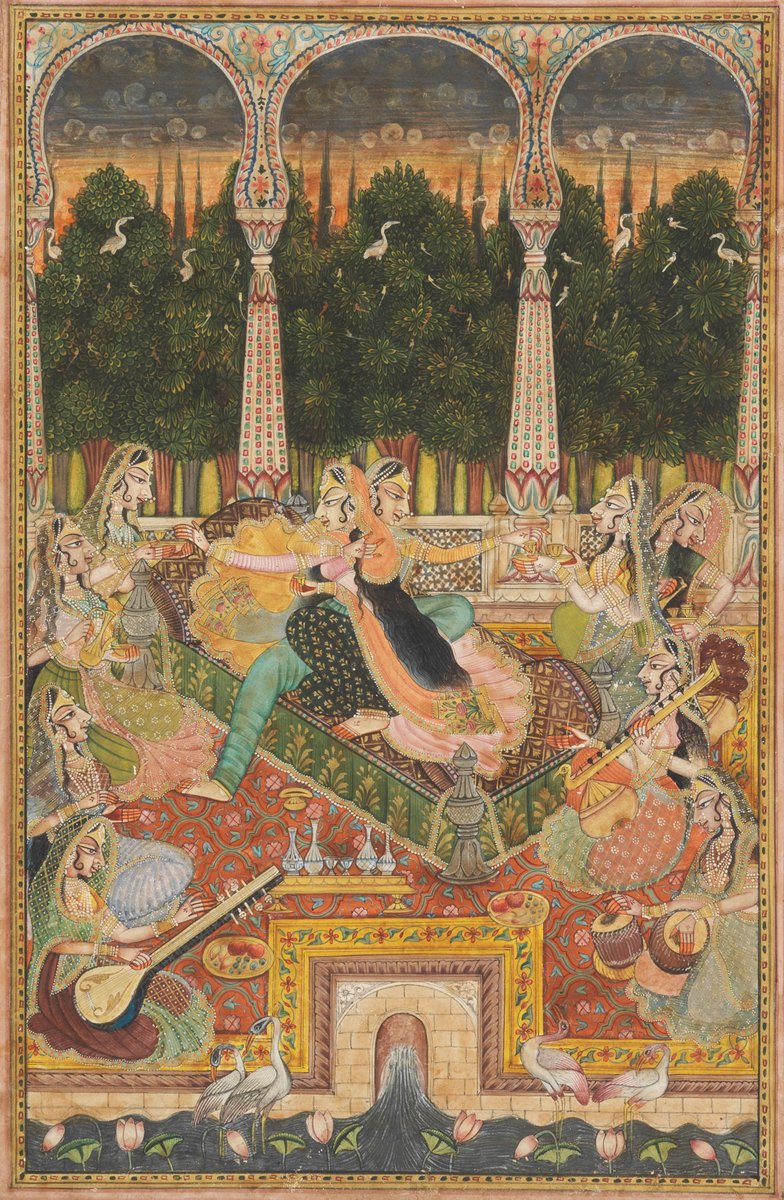 Maidens on a terrace with female musicians and attendants 
Kishangarh, circa 1920-1930