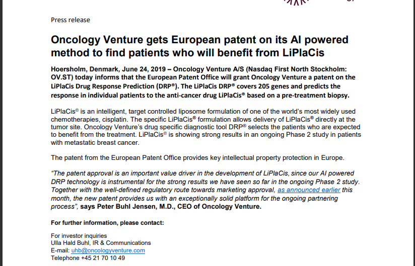 $ALLR Enormous potential for patented  drug LiPlaCis.
If given FDA approval Allarity's  AI drug formulation LiPlaCis could become the cancer chemo therapy of choice to compliment or rival the worlds most used chemo drug ...
 cisplatin