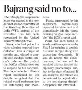 .<a href="/BajrangPunia/">Bajrang Punia 🇮🇳</a> gets provisional suspension for refusing to provide urine sample during Mar 10 trials. Notice issued on April 23 is interestingly marked to the adhoc committee of the WFI and not the federation. 
Link 👇 
tribuneindia.com/news/india/baj…