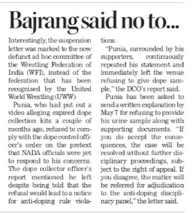 .@BajrangPunia gets provisional suspension for refusing to provide urine sample during Mar 10 trials. Notice issued on April 23 is interestingly marked to the adhoc committee of the WFI and not the federation. Link 👇 tribuneindia.com/news/india/baj…