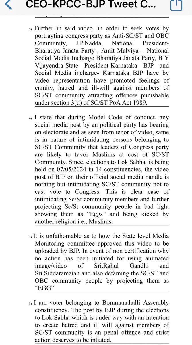 ANI's tweet photo. Congress files a complaint against BJP national president JP Nadda, BJP social media in-charge Amit Malviya, BJP state president BY Vijayendra over a video posted by BJP Karnataka on their social media for allegedly intimidating members of Schedule caste or tribe to not vote for a particular candidate with an intention to create feelings of enmity, hatred and ill-will against members of SC/ST community and violating model code of conduct by using animated video of Congress leader Rahul Gandhi and Karnataka CM Siddaramaiah by portraying Congress party as favouring a particular religion and suppressing members of SC/ST and OBC community.