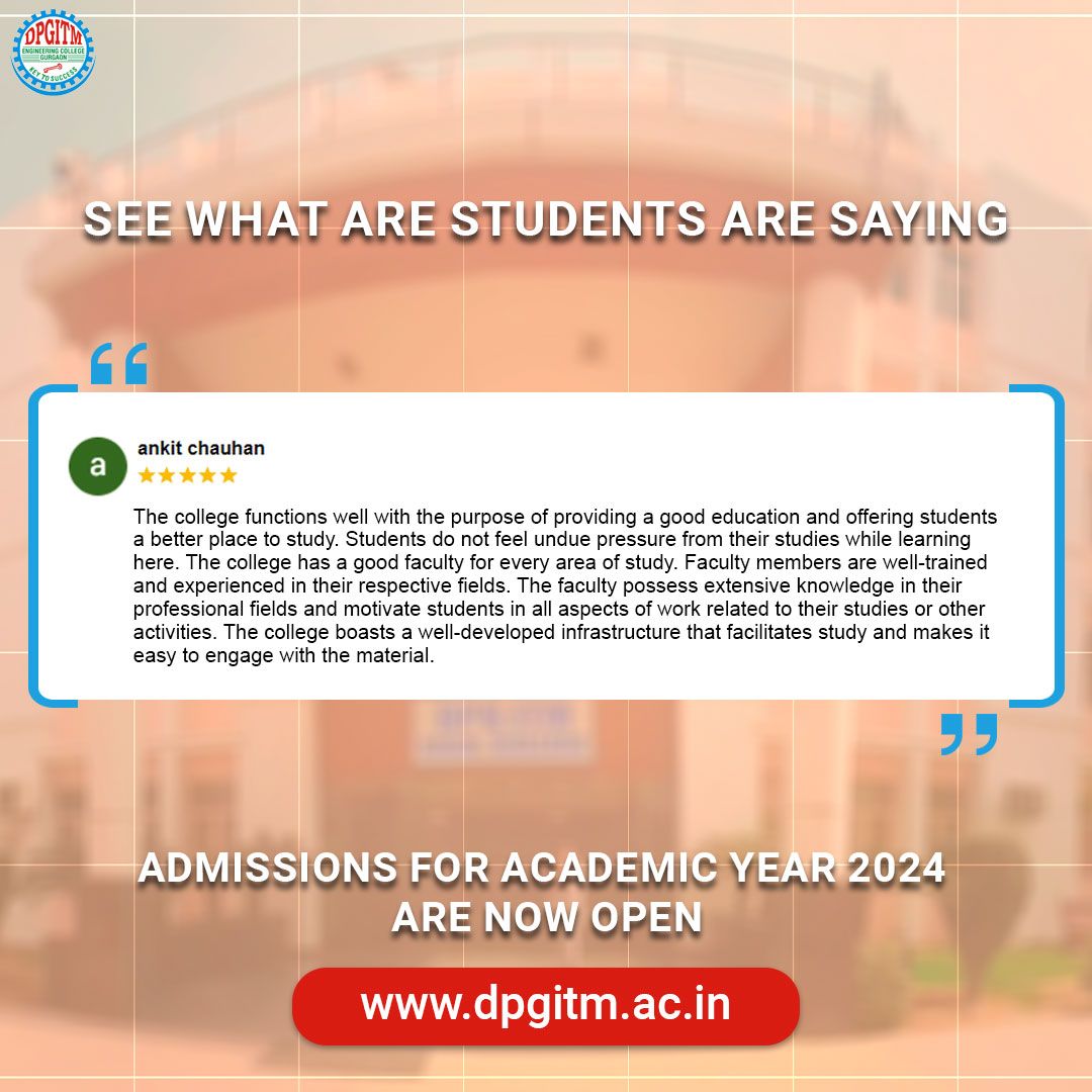 Learn More About the Programmes & Admissions 2024: t2m.co/SmOfjpd

#dpgitm #studenttestimonial #studentfeedback #studentsuccess #admissions2024 #collegeplacement #collegeadmissions #gurugram #engineering #btech #btechadmission #bestcollegeingurugram #MDURohtak