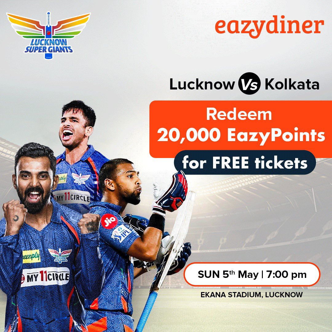 Surprise!😍 You’ve got one last chance to grab free tickets for the IPL showdown between Lucknow Super Giants & Kolkata Knight Riders at Ekana Stadium, Lucknow! Redeem your 20,000 EazyPoints to get a ticket. DM us right away if you have 20,000 Points. Tickets will be handed over