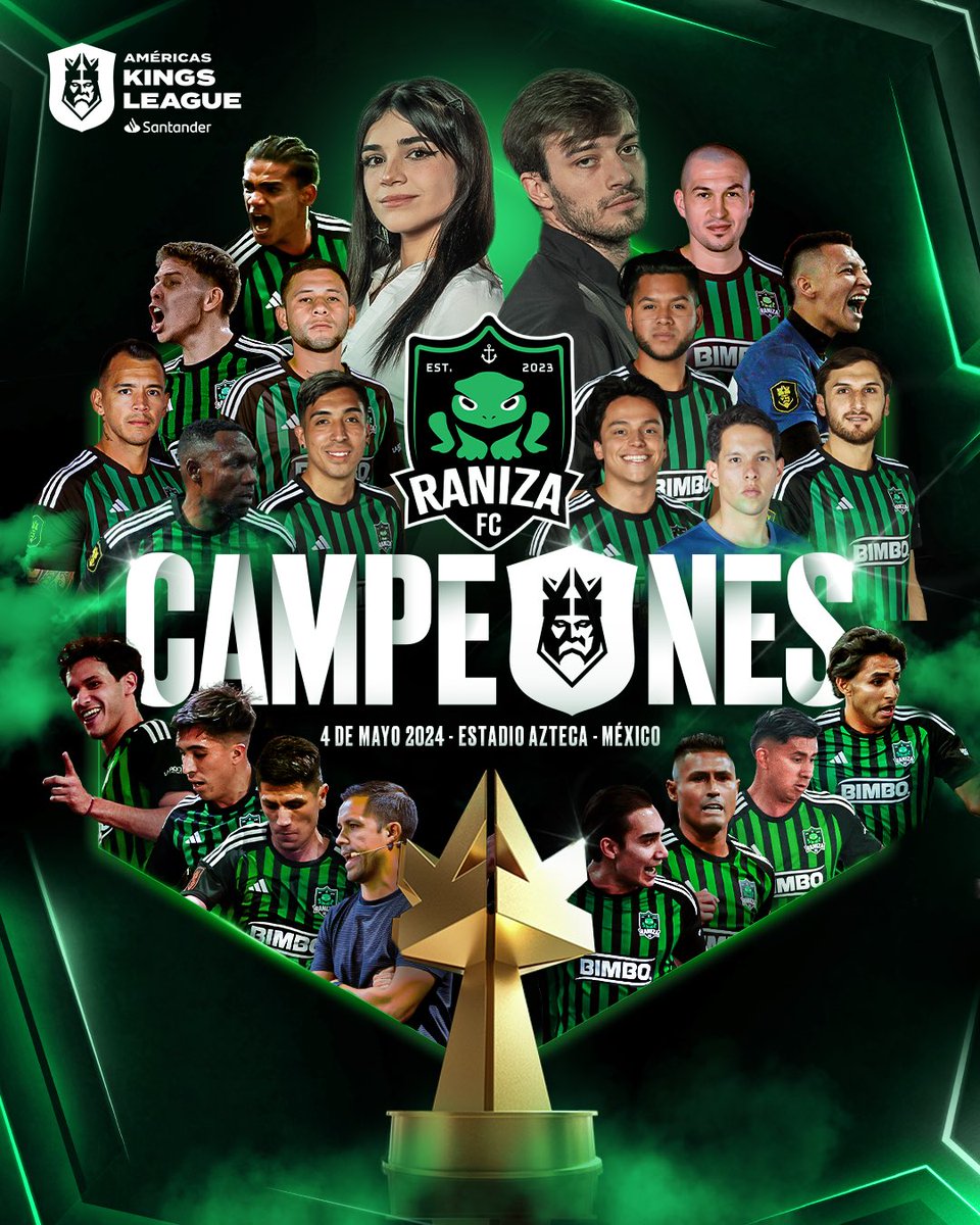 𝐂 𝐀 𝐌 𝐏 𝐄 𝐎 𝐍 𝐄 𝐒

<a href="/RanizaFc/">Raniza FC</a> es el primer el equipo en conquistar la Kings League Santander.

#KingsLeagueSantander
