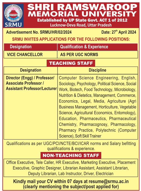 SRMU #Lucknow #Biotech/#Microbiology #FacultyJobs

helpbiotech.co.in/2024/05/srmu-l…