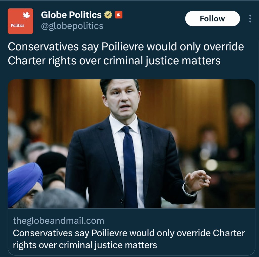 Pierre Poilievre is exploiting 3 deaths b/c he's looking for an excuse (ANYTHING) to end the Charter w/ the Notwithstanding Clause

He's trying to get people to support his plan to end their own rights

And there's ALWAYS an 'only' at the start...

#cdnpoli #PierrePoilievreIsMAGA