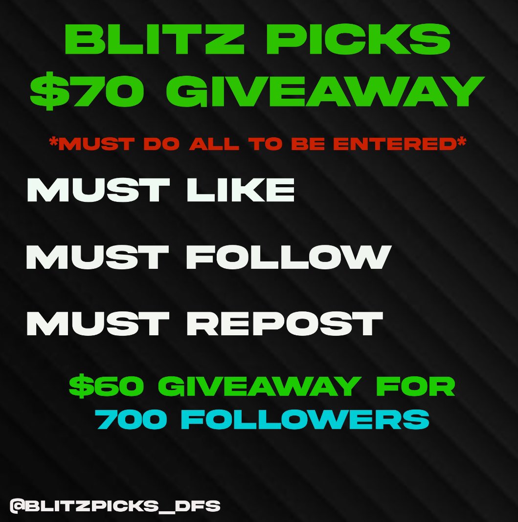 🚨 $70 GIVEAWAY 🚨

$70 GIVEAWAY FOR 700 FOLLOWERS LETS KEEP GROWING 🚀

TO BE ENTERED MUST DO ALL 👇

1. Must like ❤️
2. Must Follow @BlitzPicks_DFS 
3. Must repost this post ♻️

Good luck 🍀 

#giveaway #GamblingX #GamblingTwitter #sportsbet #basketball #nba #PrizePicks