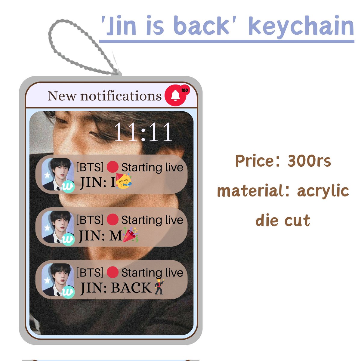 ShopPurplebear's tweet photo. Our military seokjiniee is just coming in some days 🥹🥺

'jin is back' keychain 🥹💜

Price: 300rs/8$+ shipping

#JINJIN https://t.co/0GGvn11HI3