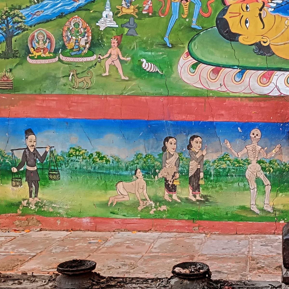 sankuchy's tweet photo. DYK: The ghost aka #khya and the skeleton aka #kawancha painted on the temple walls are regarded as the guardians of the temples. A painting on the wall of Jaya Bageshwori Temple, Gaushala. #EverydayNepal https://t.co/bbcP4nAPU9
