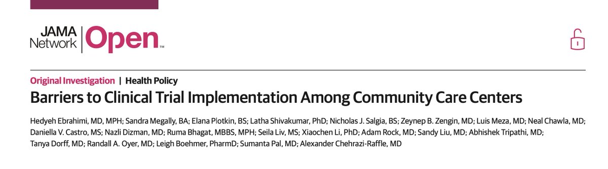 1. Hot off the presses @JAMANetworkOpen! We assessed the unique challenges that community cancer centers face to engage in oncology clinical trials in collaboration with @ACCCBuzz and @Genentech under the mentorship of @arafflemd jamanetwork.com/journals/jaman…