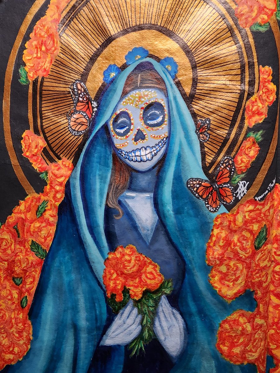 Finally finished this piece! #art #marigold  #tiktokart #artist #painting #diademuertos #flowers #skull #paint #diadelosmuertos #sugarskull #multimedia