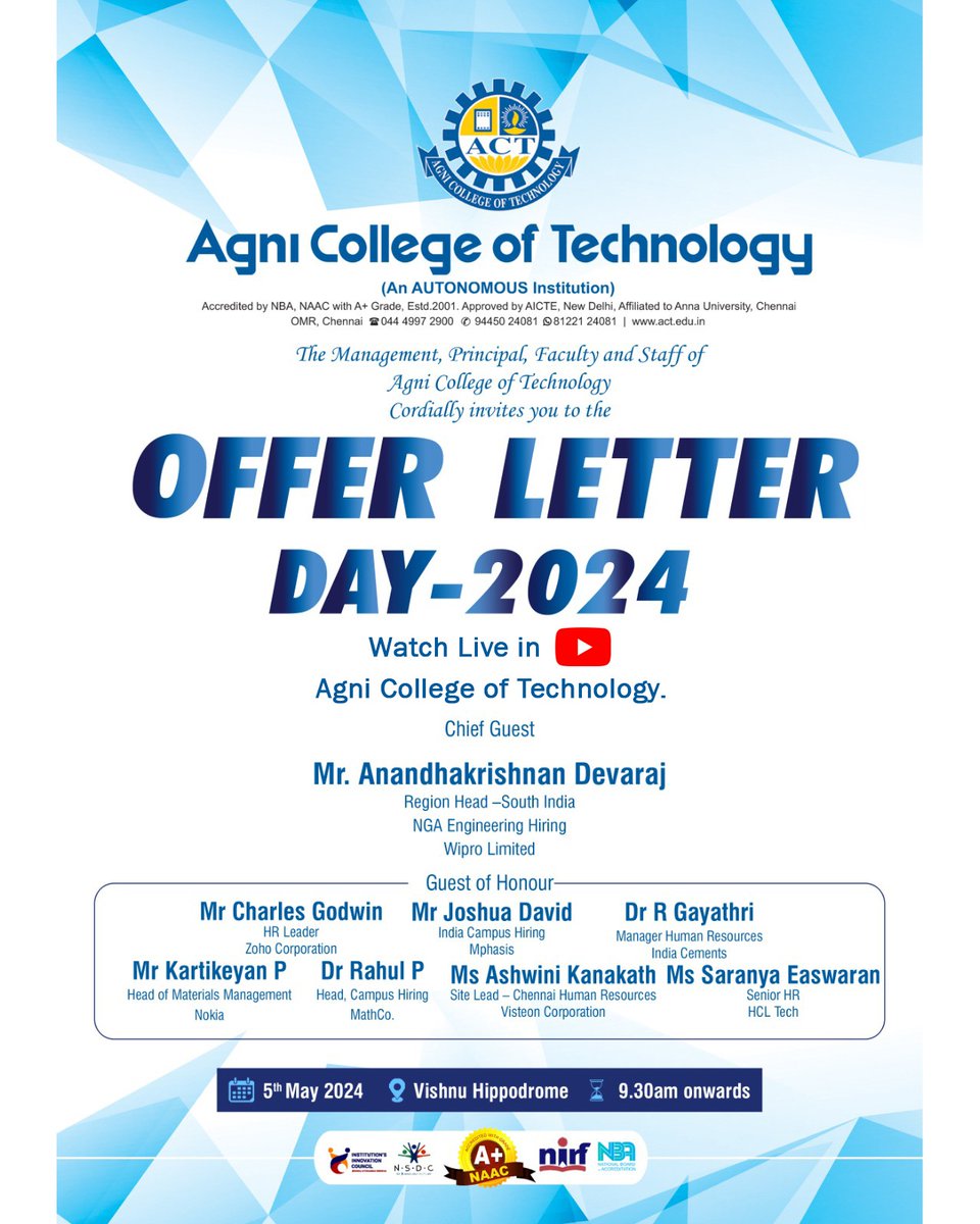 Offer letter day 2024 will be streamed Live on our YouTube channel Agni College of Technology 

Live Link: youtube.com/live/KFn9tZpAa…

#AgniCollegeofTechnology #Agnipride #offerletterday #campusplacement #interview #campusrecruitment #lifeatagni #YouTube #livestreaming