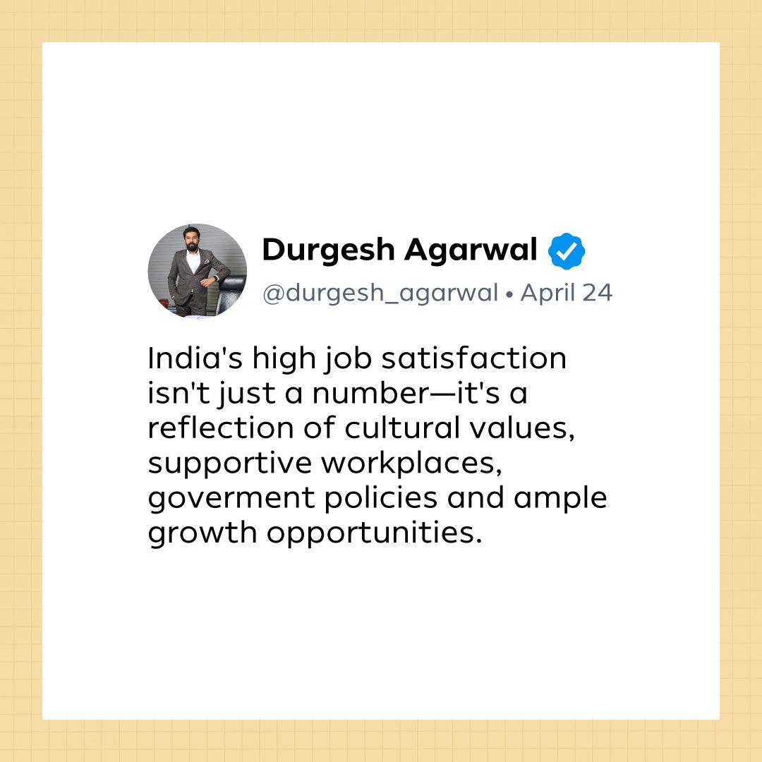 India’s remarkable job satisfaction goes beyond statistics. It mirrors our rich cultural ethos, nurturing workplaces, progressive government policies, and abundant avenues for growth.

#JobSatisfaction #EmployeeMindset #IndianEmployees #DA #DAGroup #DurgeshAgarwal