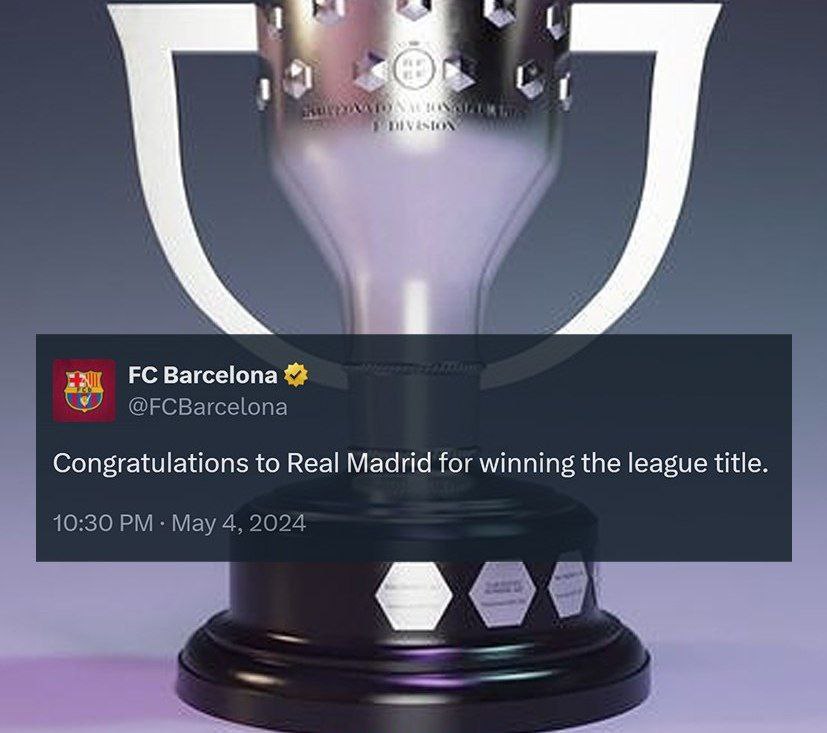 تبریک بارسلونا به رئال‌مادرید بخاطر قهرمانی در لالیگا حالا اگه لیگ ایران بود بجای تبریک به تیم قهرمان همدیگرو ک.صکش جاکش میکردن 😂😂😂😂😂
