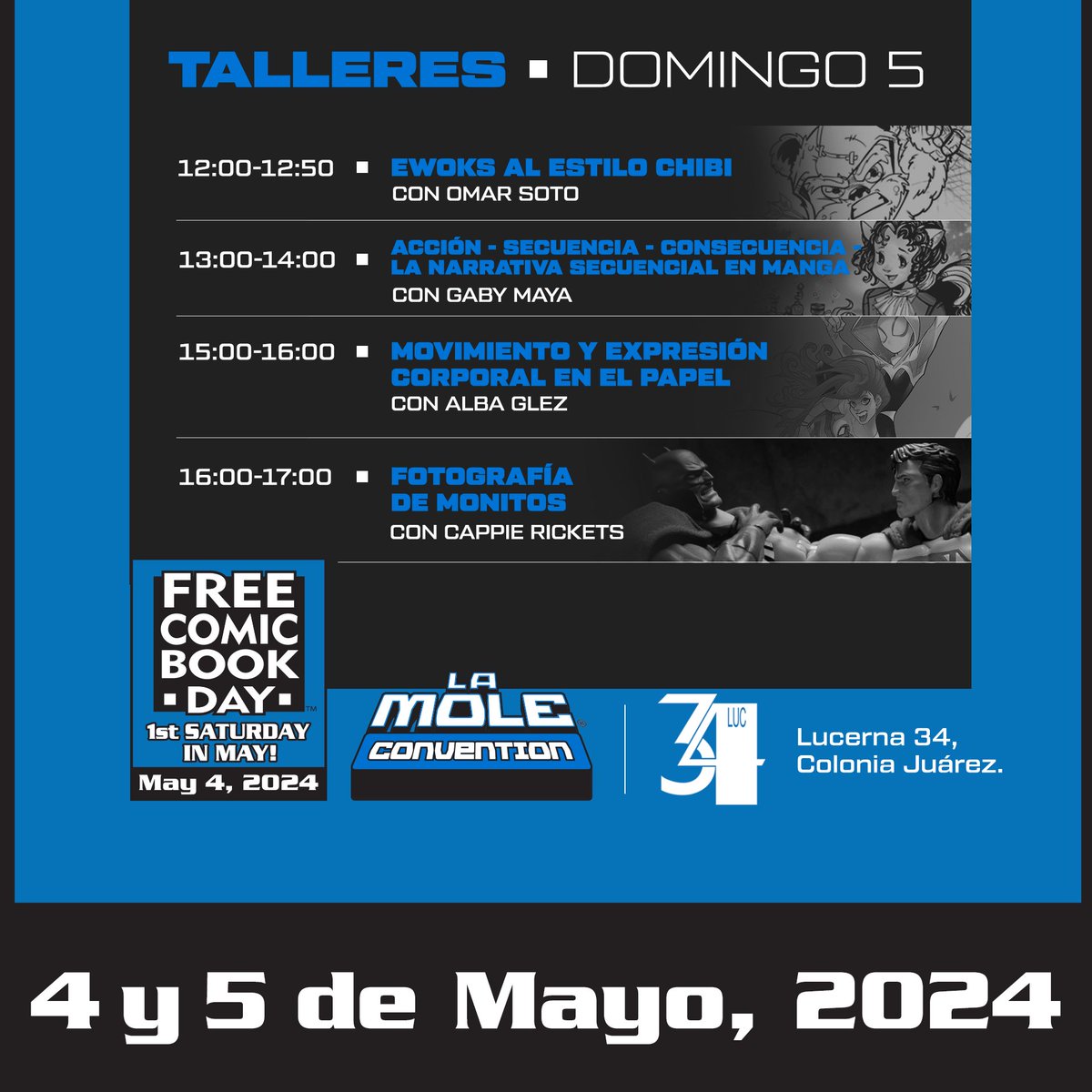 😎 ¡Checa los horarios de talleres para este domingo de #FreeComicBookDay!
👾 Nos vemos en Lucerna 34, colonia Juárez. Recuerda que para participar en esta actividad debes haberte registrado de forma gratuita en Boletia (todas las entradas están agotadas).
#LaMoleConvention