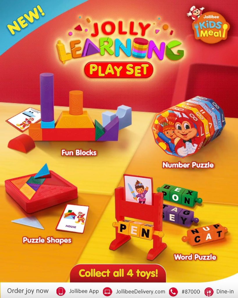 Level-up playtime and discovery with the all new Jolly Learning Play Set! 🤩

Collect all 4 toys with every Jollibee Kids Meal. Head over to G/F level and get yourself one now! 

#FunInTheFinds #iLoveMarketMarket