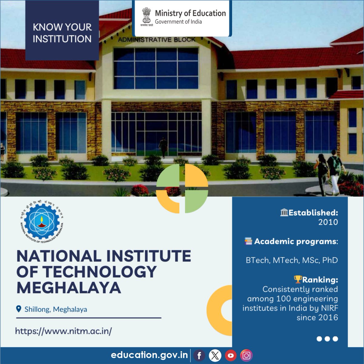 Know about the HEIs of India! 

National Institute of Technology Meghalaya

Established in 2010, NIT Meghalaya is a leading engineering institution in North-East India, consistently ranked among India's top 100 by NIRF since 2016. Fully funded by the Ministry of Education,