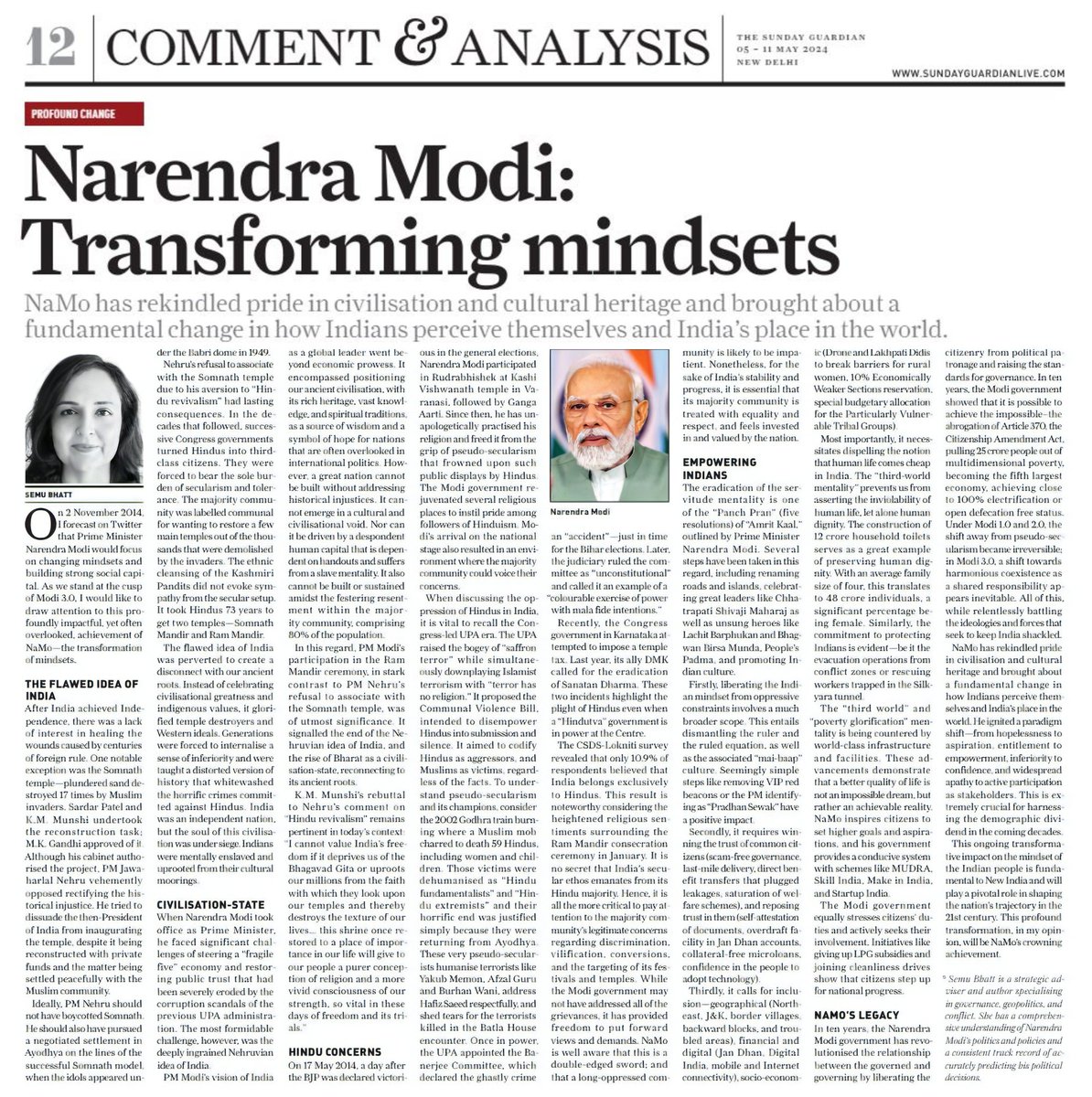 From hopelessness to aspiration, entitlement to empowerment, & apathy to civilisational pride—I analyse the ongoing transformation of the collective mindset that will profoundly impact ‌India's trajectory, & IMO, will be NaMo's crowning achievement. sundayguardianlive.com/opinion/narend…