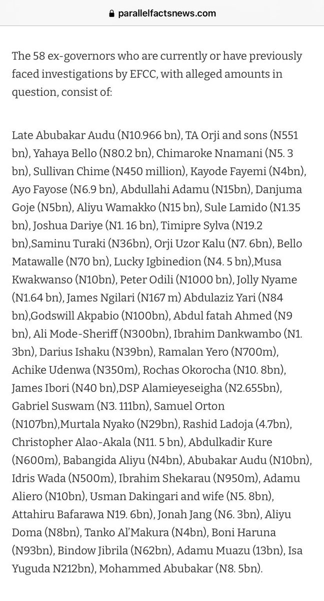 EFCC full list of corrupt governors. See as Peter Obi just fall my hand, im name no even show. Baby politician 🤣