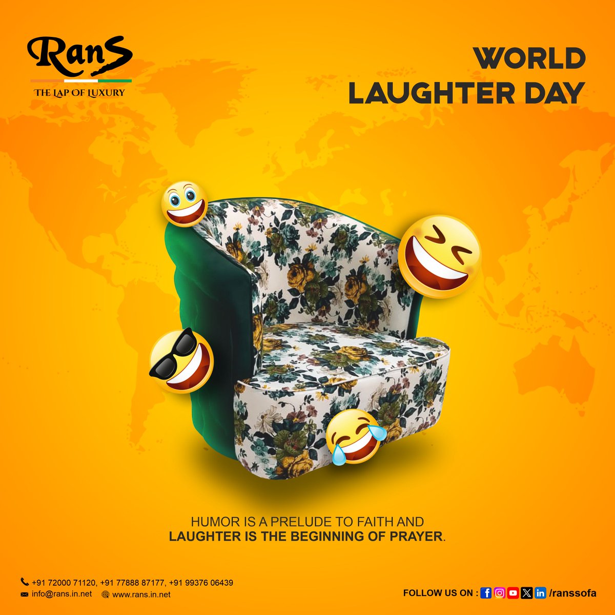 May your heart be light, your laughter contagious, and your day filled with moments that make you smile. Happy World Laughter Day!😄

#Rans #LaughterDay #WorldLaughterDay #LaughterDay2024 #SpreadLaugh #SpreadHappiness