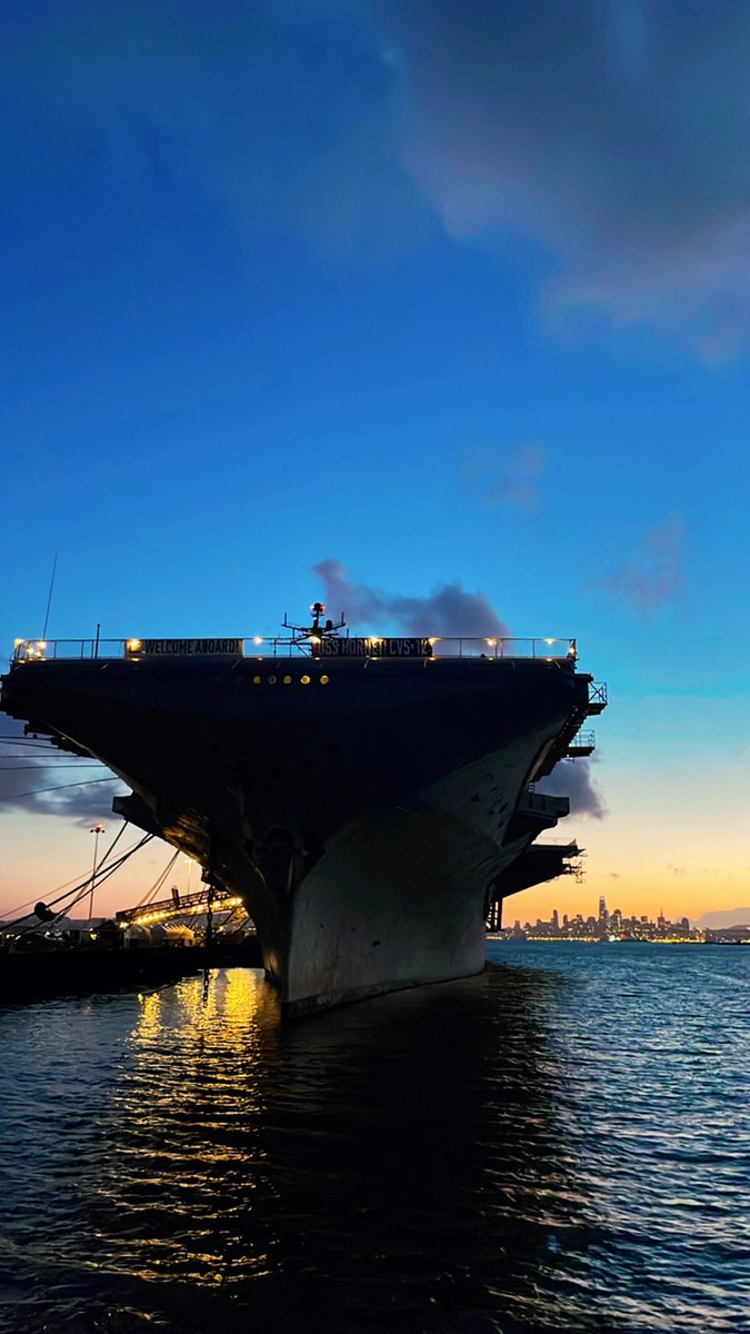 Tonight I went to a World Goth Day celebration on the USS Hornet, the Prime Recovery Ship for Apollo 11. 

The sunset on the San Francisco skyline was a sight to see. 🌇