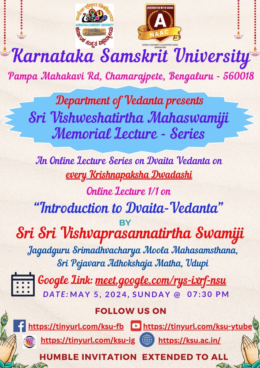 Google meet code

*meet.google.com/rys-ixrf-nsu*

DATE: MAY 5, 2024, SUNDAY @ 07:30 PM*
For all who want to know more about our Sanatana Dharma and the philosophy of Sri Madhwacharya's Dwaitha Siddantha... 
Please do log in today