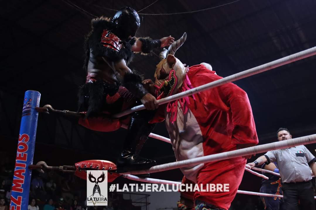 LaTijeraLucha's tweet photo. La lucha semifinal en relevos atómicos en la siempre viva #ArenaLopezMateos puso en el cuadrilátero a #HijoDeCanisLupus, #HellBoy, #Leviatham y #Troyano quienes cayeron en el #MalditoCochinero ante #PigDestroyer, #PigDestructor, #PigDecapitador y #PigPool, quienes... https://t.co/bylWUSxV4j