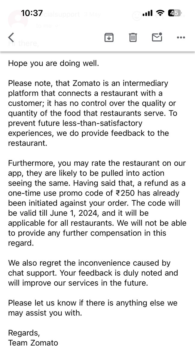 rvpasari's tweet photo. @zomatocare this is no response. I paid ₹993.97 for my order, and you are refunding just ₹250. You gave me a defective product that I ordered via the platform, not directly from the restaurant. Why should I accept a partial refund, when I did not make a partial payment? https://t.co/aN5OrIhdSP