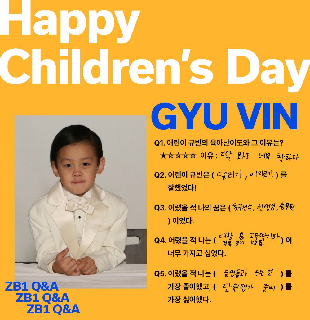 📸｜240505  Mnet Plus Chat update

🎈HAPPY CHILDREN'S DAY🎈
⭐with. Q&amp;A of ZB1⭐

Q1.子どもギュビンの育児難易度とその理由は？
★☆☆☆☆理由:ぱっと見ても優しい

Q2. 子供のギュビンは（かけっこ、ちらかすこと）が上手だった！