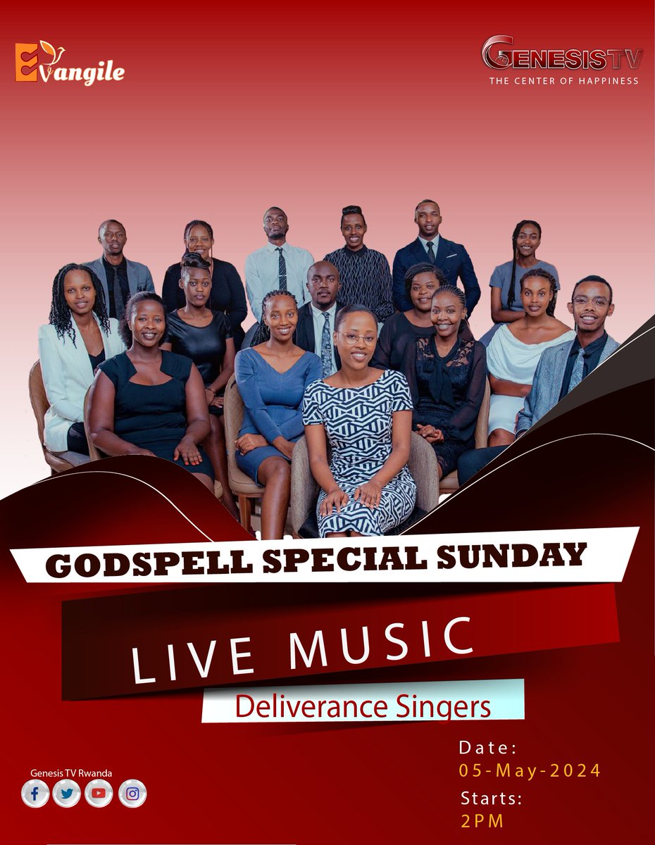 #EVANGILE Please be with us this afternoon from 2PM our very own @deliverancesingers will be performing live in the studios of Genesis TV Ch387 canal+ 

The Center of Happiness 
#Genesistv387 #Genesistvrwanda #GospelMusic #Gospelshow #RwOT #RwOX