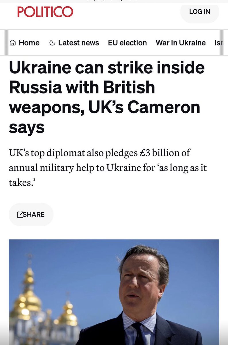 This is an insane escalation of war by the unelected 'Lord' Cameron. The UK should not be giving weapons to Ukraine to prolong war, let alone permitting them to be used to bomb Russia.