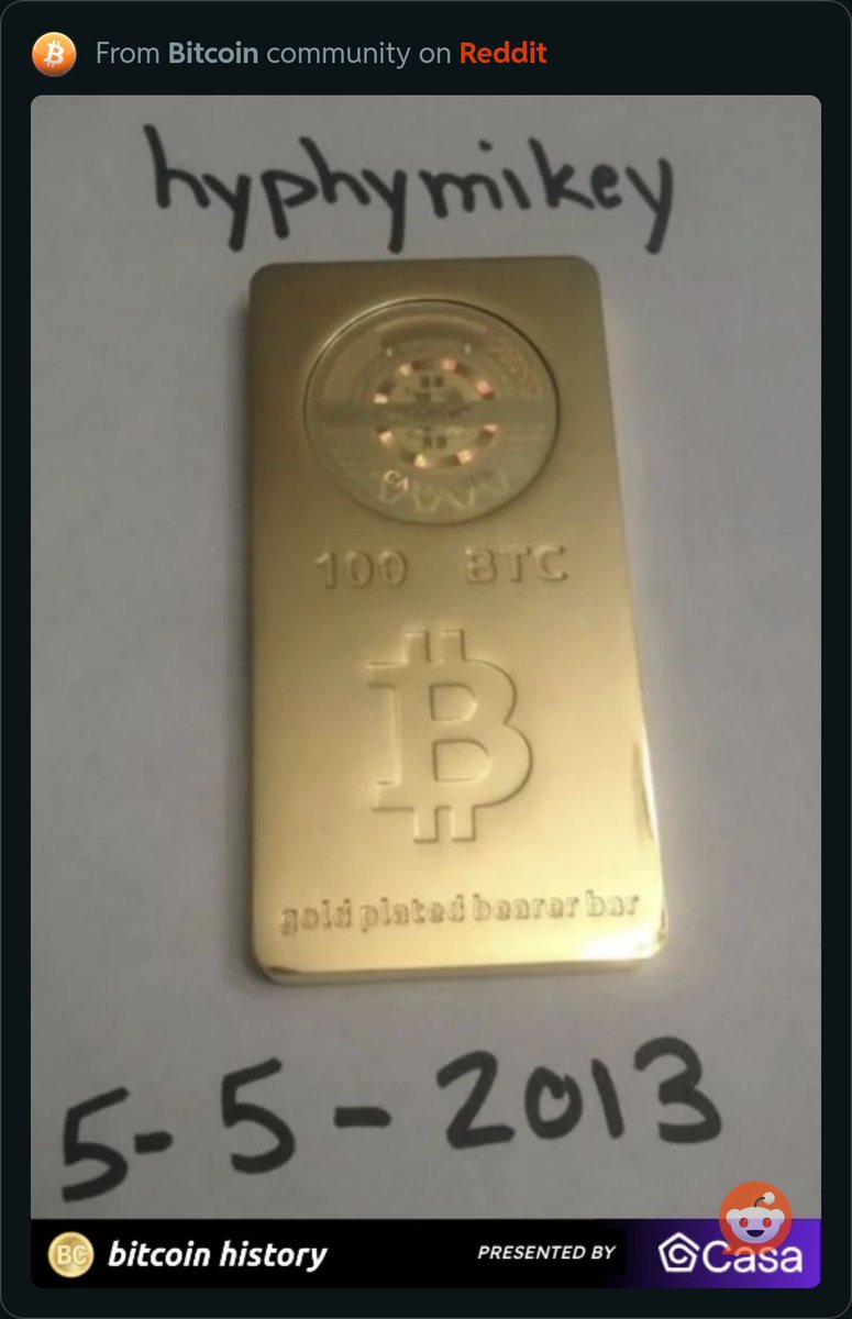 Someone paid 100 BTC to forge this gold bar in 2013. Gold bar value was $12,000 BTC value was $120 Twelve years later..... Gold bar current value $13,000. 100 BTC current value $6,000,000