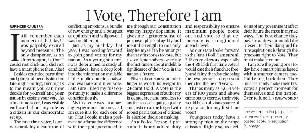 I Vote, therefore I am. My first Vote, and much more! Sharing my thoughts in @DailyWorldChd today! #LokSabhaElections2024