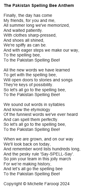 microMAF's tweet photo. The Pakistan Spelling Bee @pakspellingbee anthem, written by Michelle Farooqi.  Register for the competition: https://t.co/9NSODTdmyv https://t.co/gwdmhwK3hR