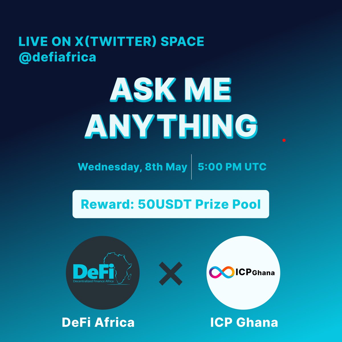 🎉 Excited to announce our upcoming #TwitterSpace #AMA with @icp_Ghana on May 8th at 5:00 PM UTC! 📍 Join us here: x.com/i/spaces/1ldxl… 💰 Don't miss out on the $50 USDT reward! 〽️ Rules: 1️⃣ Follow @defiafrica & @icp_Ghana