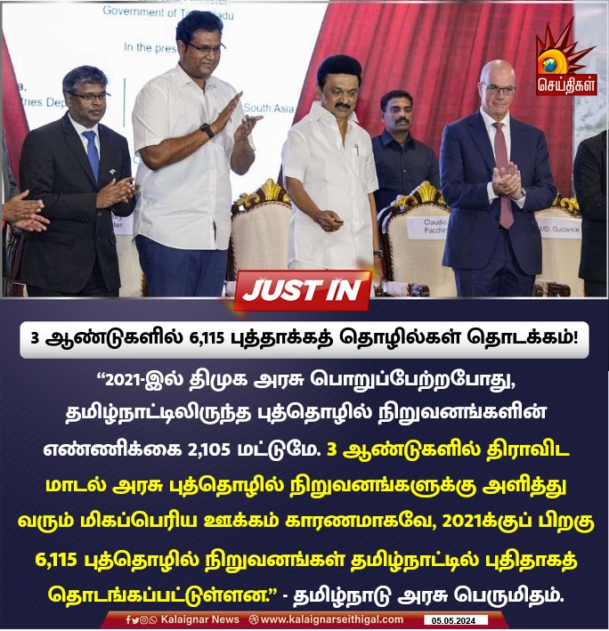 3 ஆண்டுகளில் 6,115 புத்தாக்கத் தொழில்கள் தொடக்கம்!

#CMMKStalin #DMK #DravidaModel #DMKGovt #TNGovt #TamilNadu #KalaignarSeithigal