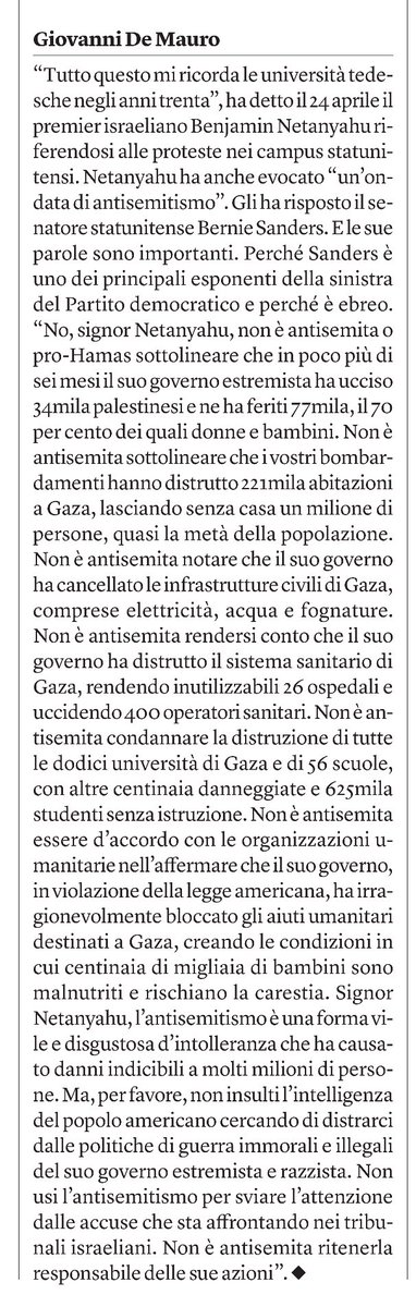 L’ignobile accusa di antisemitismo da parte di Netanyahu. La ferma risposta di Bernie Sanders. L’editoriale del direttore Giovanni De Mauro su @Internazionale