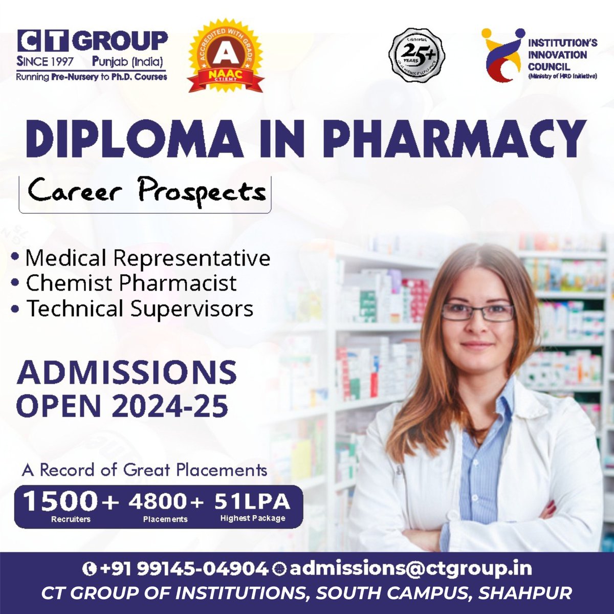 🚀 Transform your future with a Diploma in Pharmacy at CT Group of Institutions, South Campus, Shahpur! Discover limitless career possibilities as a Medical Representative, Chemist Pharmacist, or Technical Supervisor. Seize this opportunity – admissions for 2024-25 are now open!