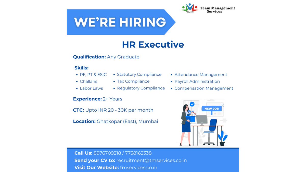 Calling all HR rockstars! We're searching for a passionate HR Executive to join our team. Apply now! 

recruitment@tmservices.co.in | 8976709218 – 7738162338 

#tms #hrmodeon #hr #hrservices #hroutsourcing #hrsolutions #mumbai #sunday #vacancy #wearehiring #vacancyalert